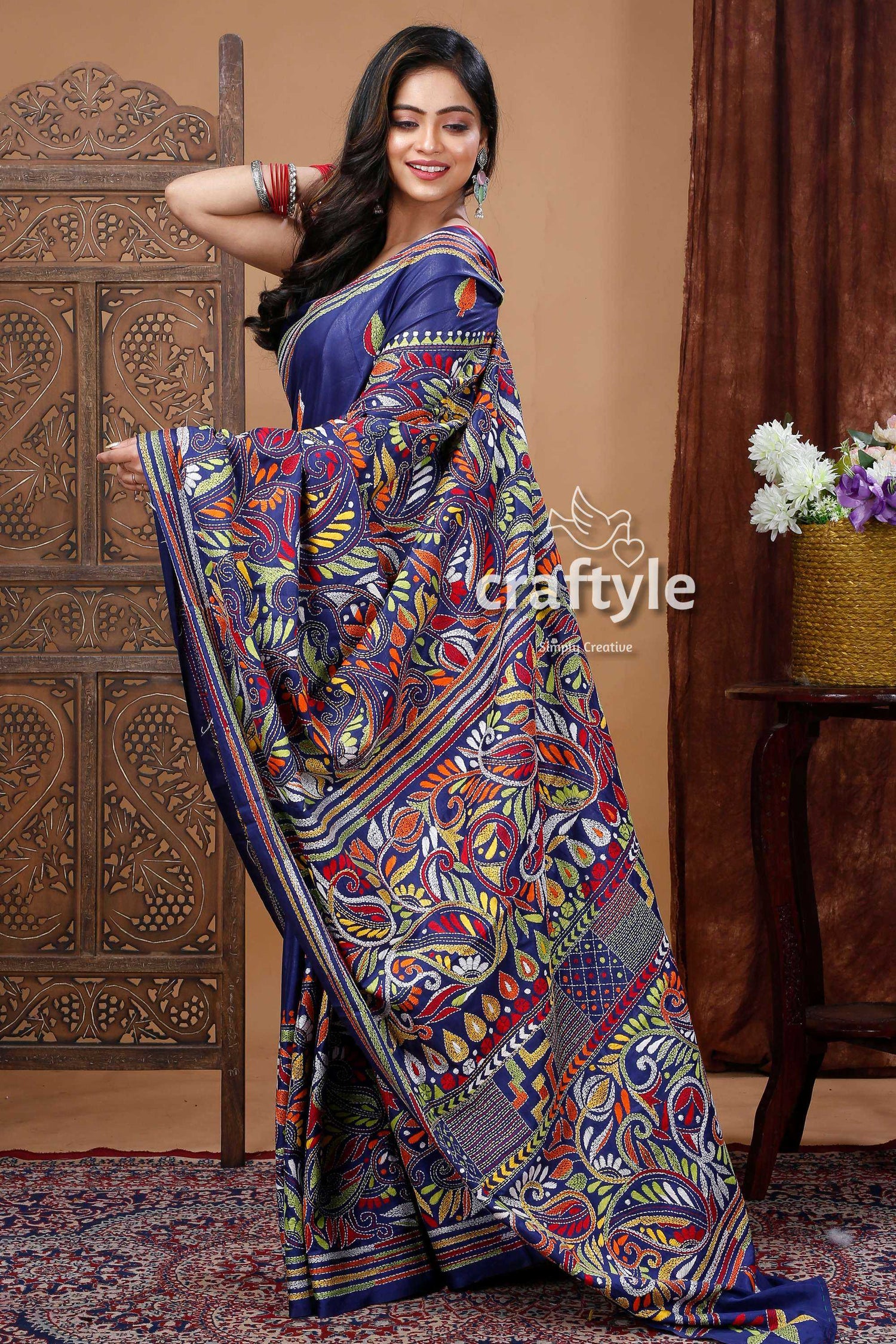 Navy Blue Multicolor Thread Hand Embroidered Kantha Silk Saree-Craftyle