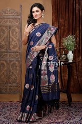 Night Blue Mangalgiri Silk Saree with Zari Work Luxurious and Elegant - Craftyle