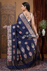 Night Blue Mangalgiri Silk Saree with Zari Work Luxurious and Elegant - Craftyle