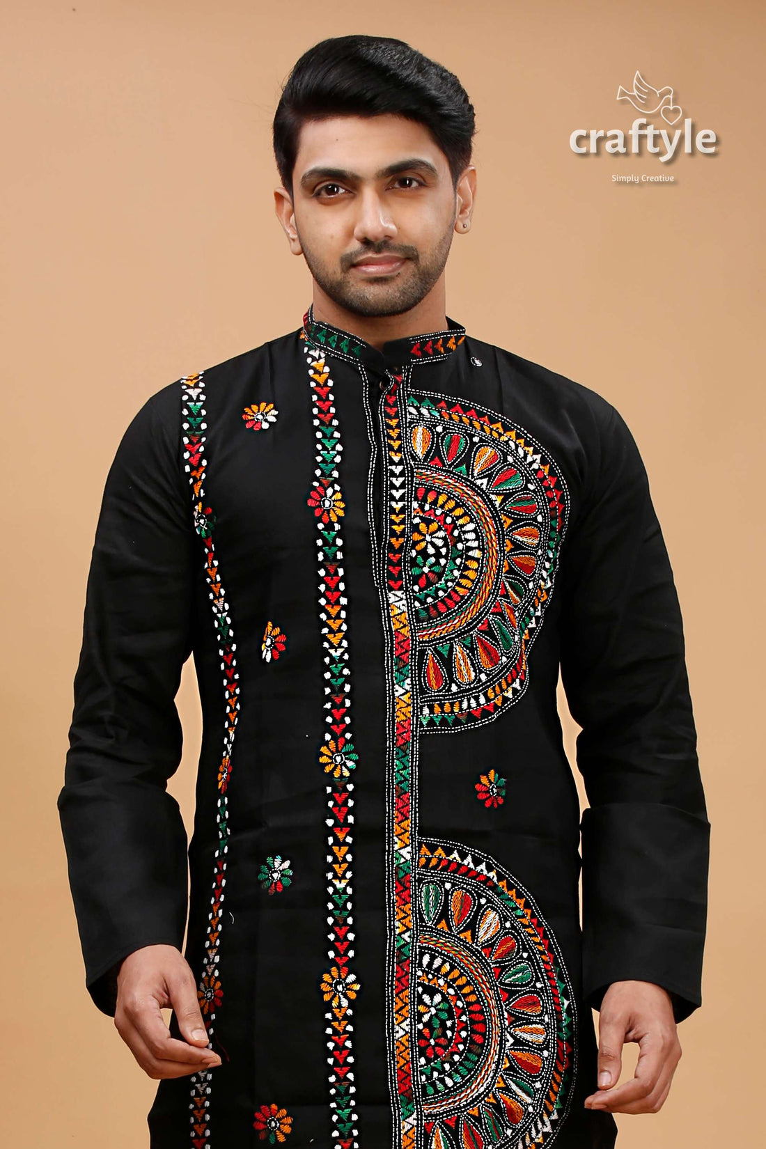 Obsidian Black Multcolor Kantha Hand Embroidery Gents Kurta - Craftyle