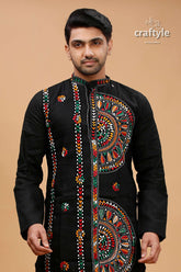 Obsidian Black Multcolor Kantha Hand Embroidery Gents Kurta - Craftyle