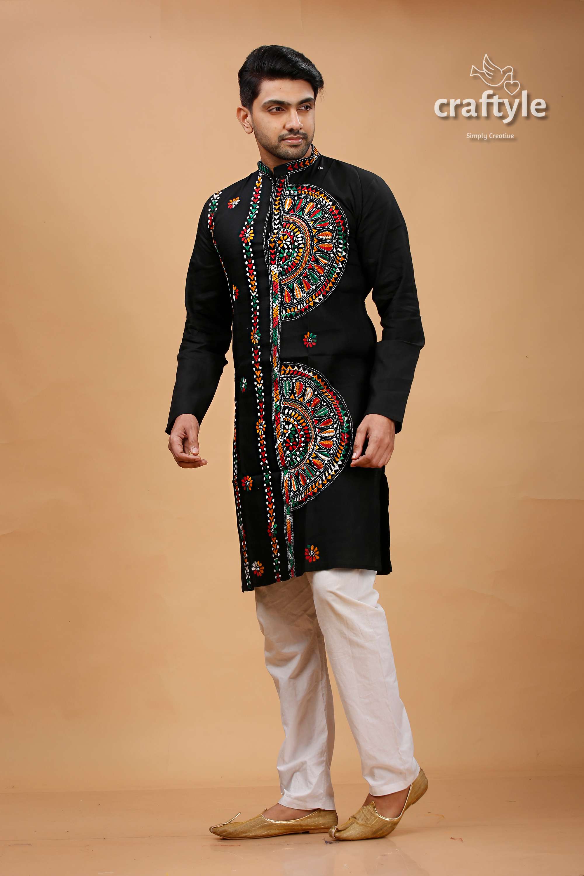 Obsidian Black Multcolor Kantha Hand Embroidery Gents Kurta - Craftyle