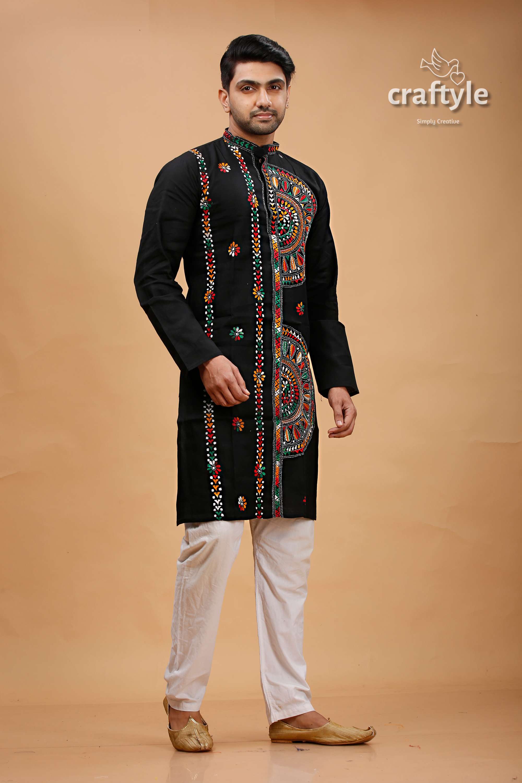 Obsidian Black Multcolor Kantha Hand Embroidery Gents Kurta - Craftyle