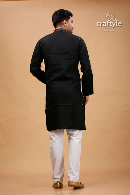 Obsidian Black Multcolor Kantha Hand Embroidery Gents Kurta - Craftyle