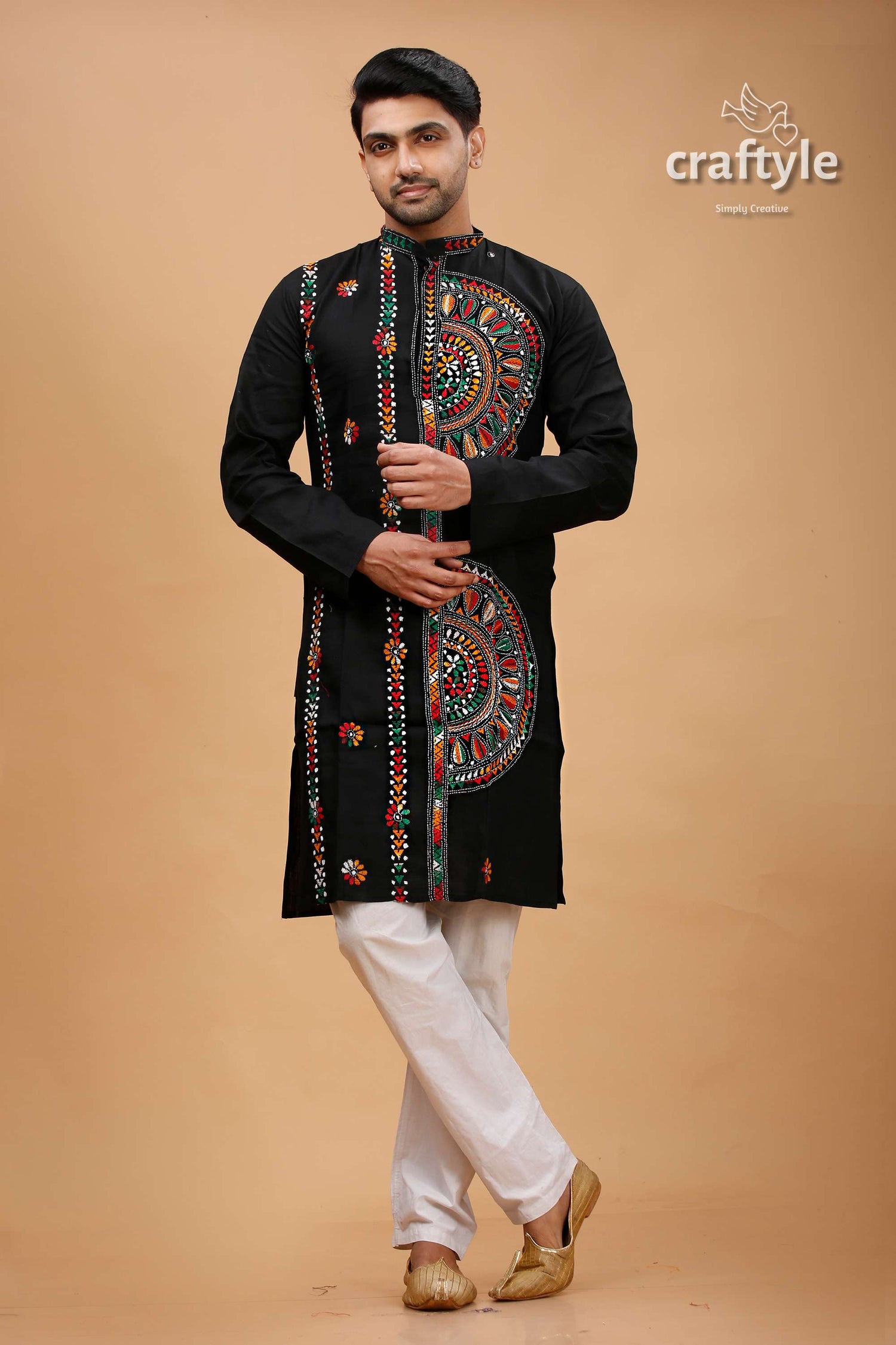 Obsidian Black Multcolor Kantha Hand Embroidery Gents Kurta - Craftyle