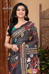 Onyx Black Artisanal Silk Kantha Stitched Saree - Craftyle