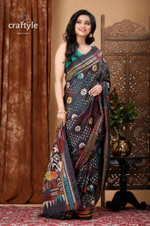 Onyx Black Artisanal Silk Kantha Stitched Saree - Craftyle