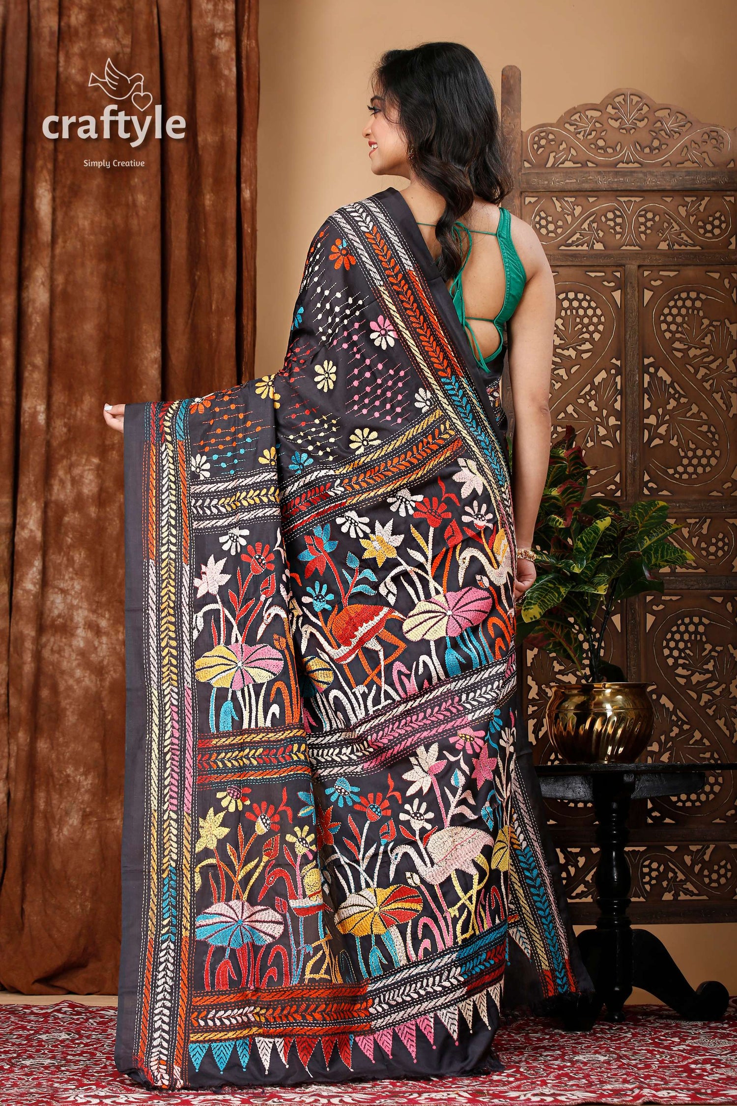 Onyx Black Artisanal Silk Kantha Stitched Saree - Craftyle