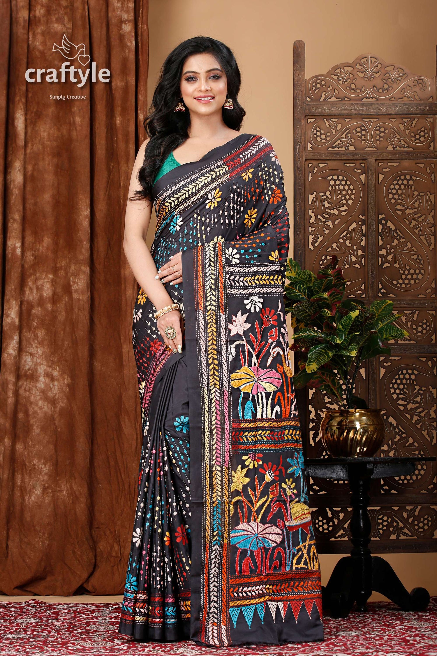 Onyx Black Artisanal Silk Kantha Stitched Saree - Craftyle