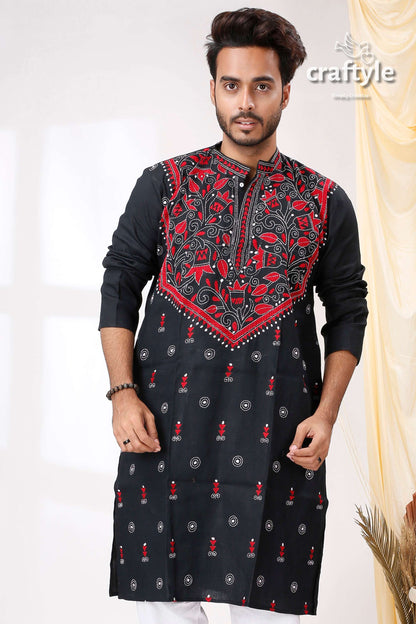 Onyx Black Red Thread Work Kantha Embroidered Cotton Mens Kurta - Craftyle