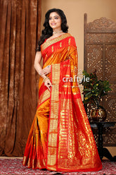 Orange Brown and Red Kanjivaram Silk Saree - Craftyle