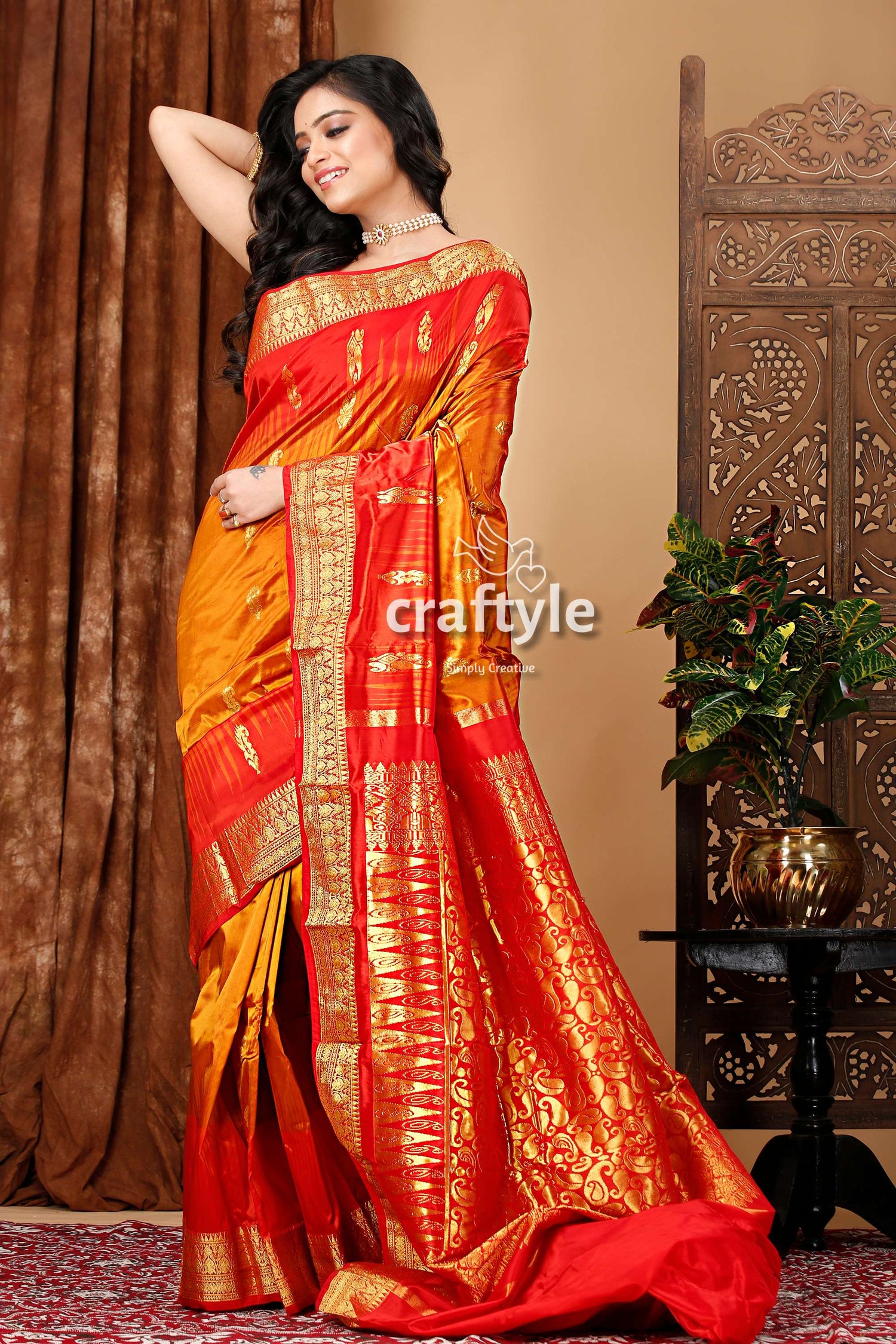 Orange Brown and Red Kanjivaram Silk Saree - Craftyle