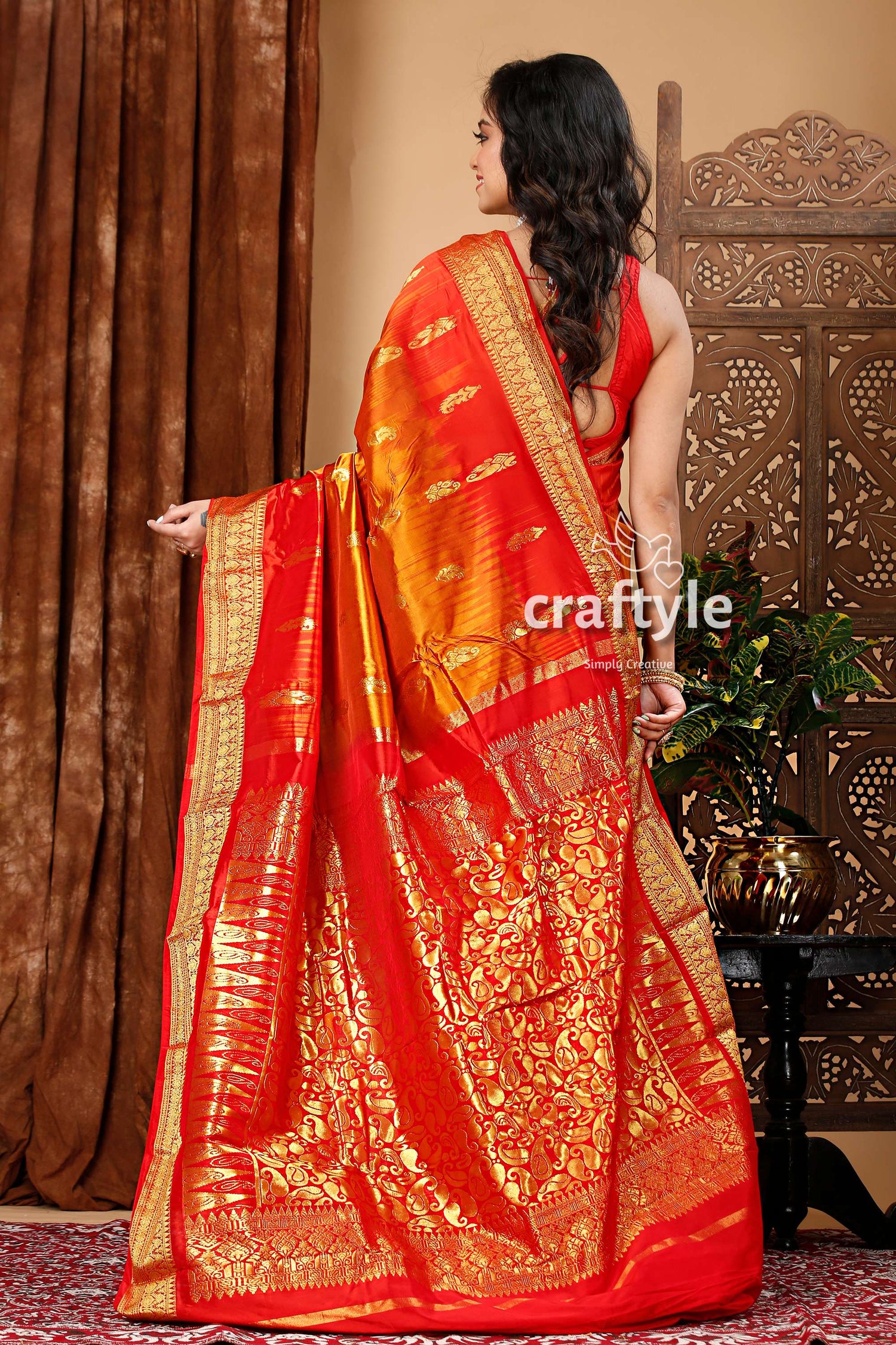 Orange Brown and Red Kanjivaram Silk Saree - Craftyle