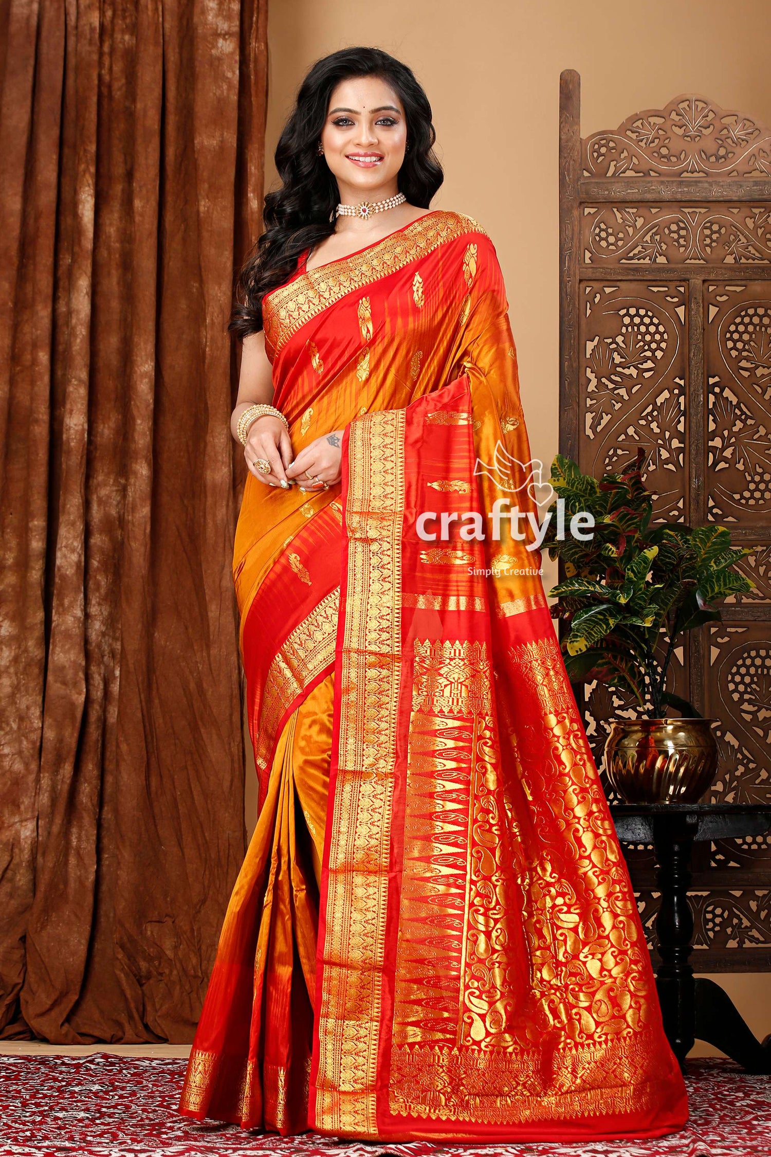 Orange Brown and Red Kanjivaram Silk Saree - Craftyle