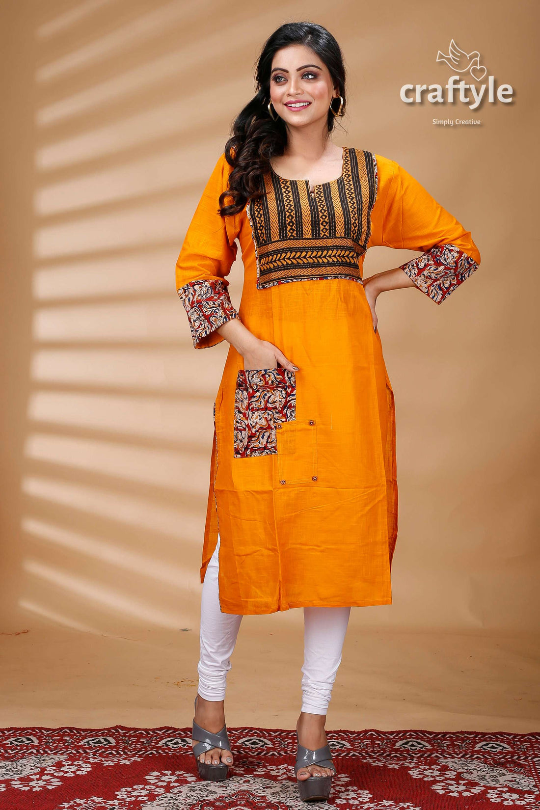 Orange Kantha with Kalamkari Patchwork Cotton Kurti - Craftyle