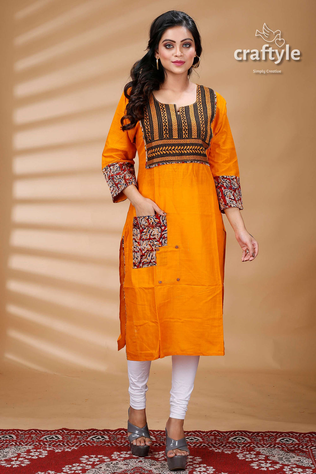 Orange Kantha with Kalamkari Patchwork Cotton Kurti - Craftyle