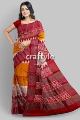 Orange Yellow Hand Block Print Zari Border Pure Tussar Saree - Craftyle