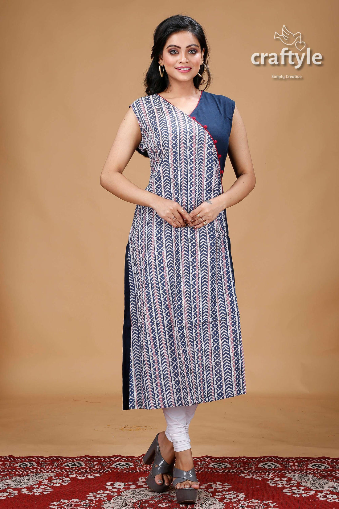 Oxford Blue Dabu Print Angrakha Cotton Kurti - Craftyle