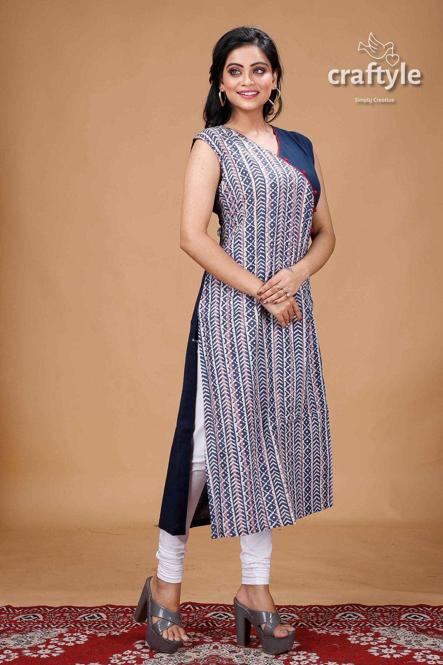 Oxford Blue Dabu Print Angrakha Cotton Kurti - Craftyle