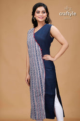 Oxford Blue Dabu Print Angrakha Cotton Kurti - Craftyle