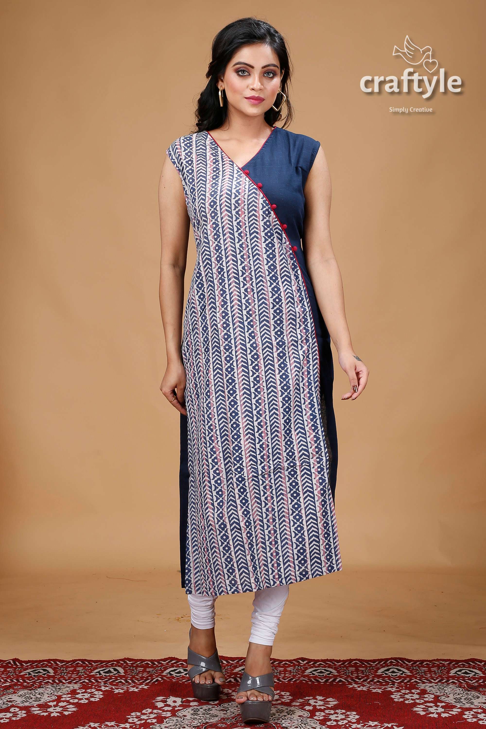 Oxford Blue Dabu Print Angrakha Cotton Kurti - Craftyle