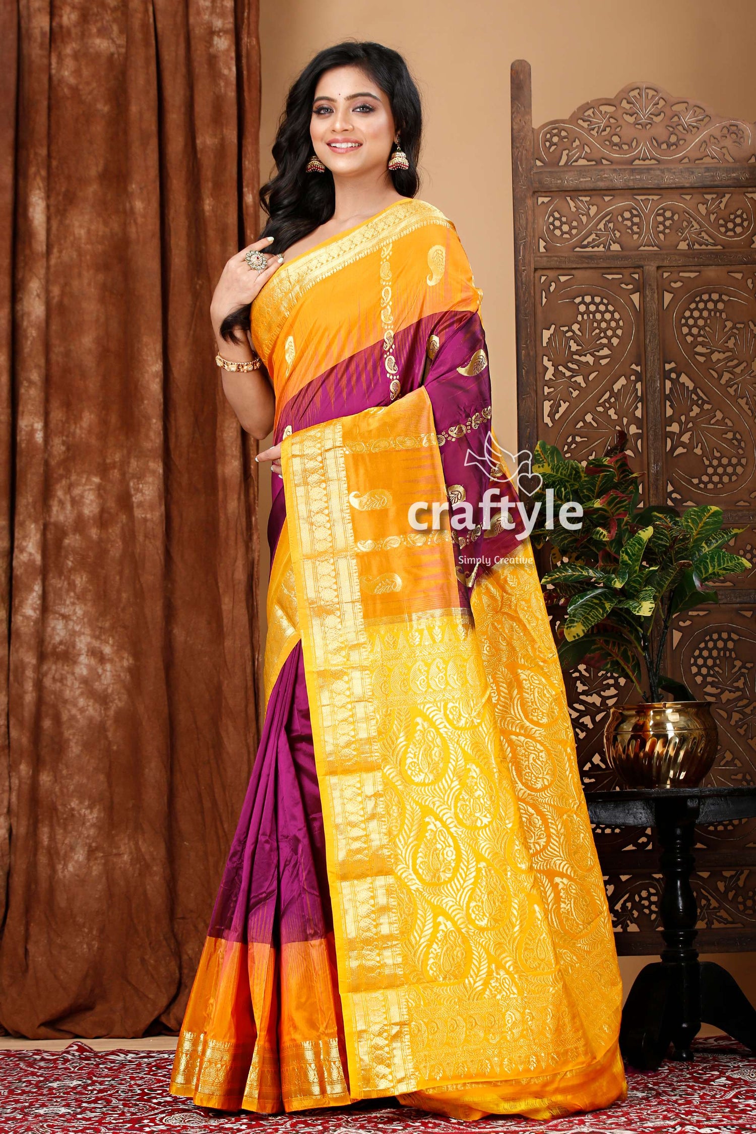 Palatinate purple and Saffron Kanjivaram Silk Saree - Traditional Ethnic Wear - Craftyle