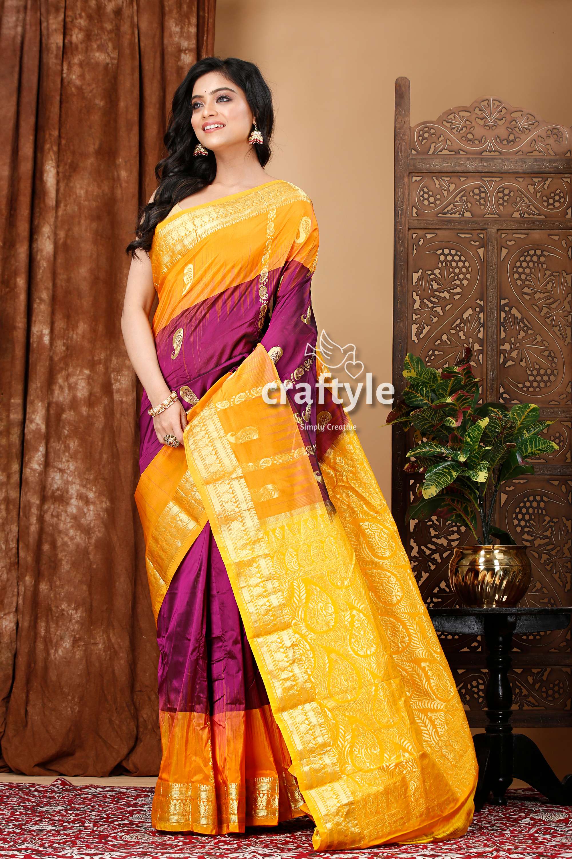 Palatinate purple and Saffron Kanjivaram Silk Saree - Traditional Ethnic Wear - Craftyle