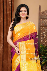 Palatinate purple and Saffron Kanjivaram Silk Saree - Traditional Ethnic Wear - Craftyle