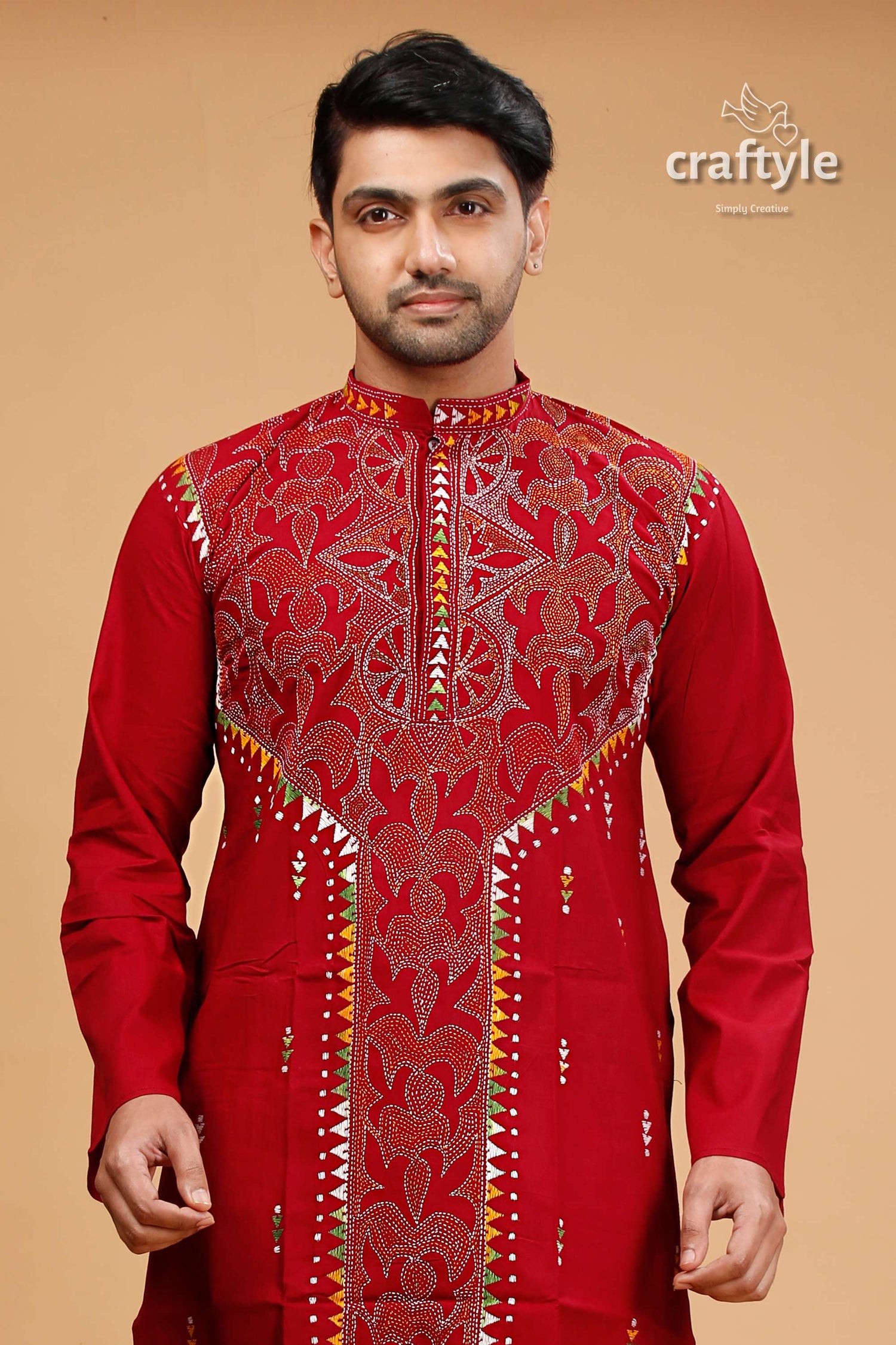 Paprika Red Multithread Hand Kantha Stitched Cotton Kurta - Craftyle