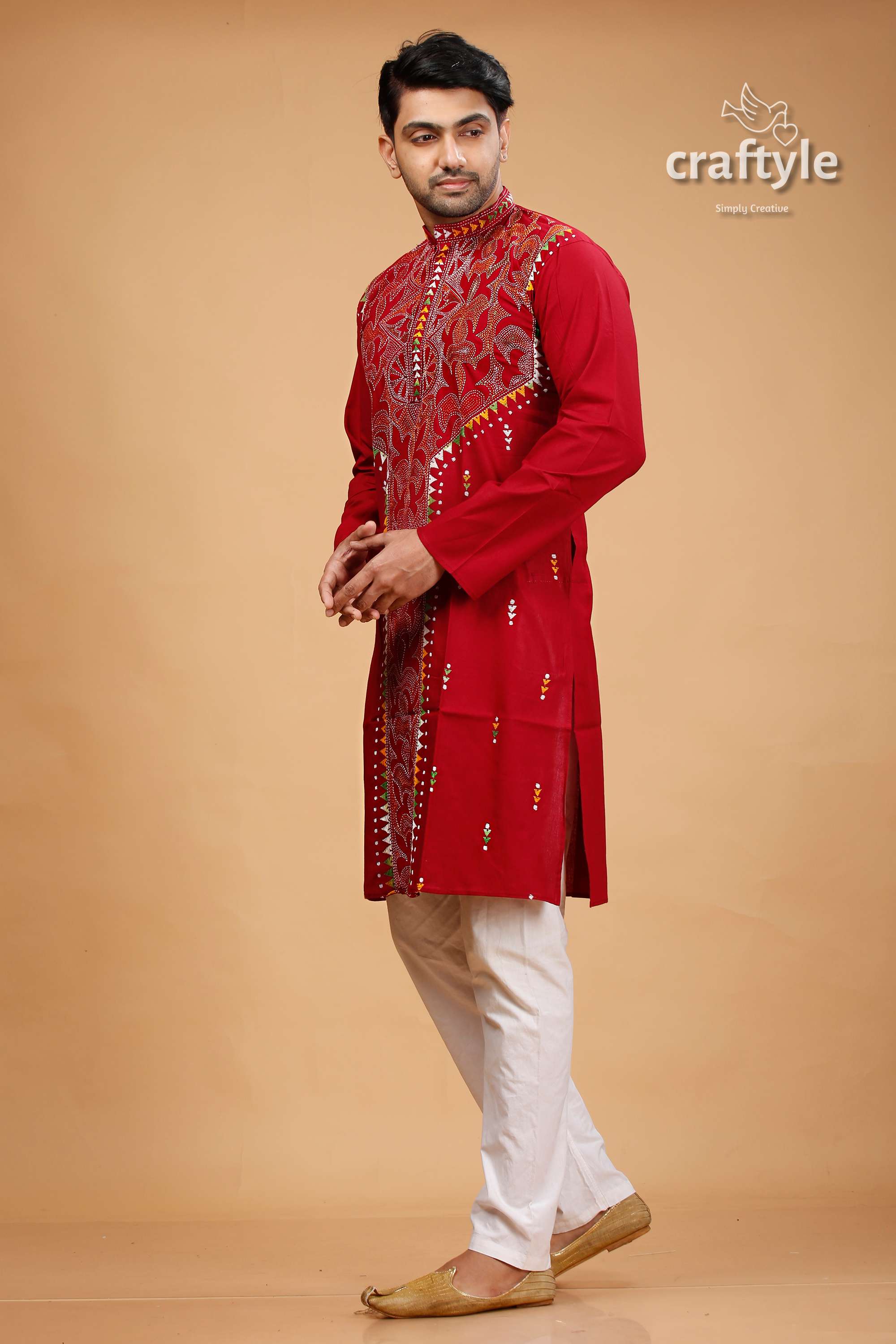 Paprika Red Multithread Hand Kantha Stitched Cotton Kurta - Craftyle