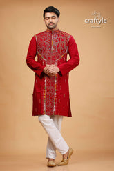 Paprika Red Multithread Hand Kantha Stitched Cotton Kurta - Craftyle