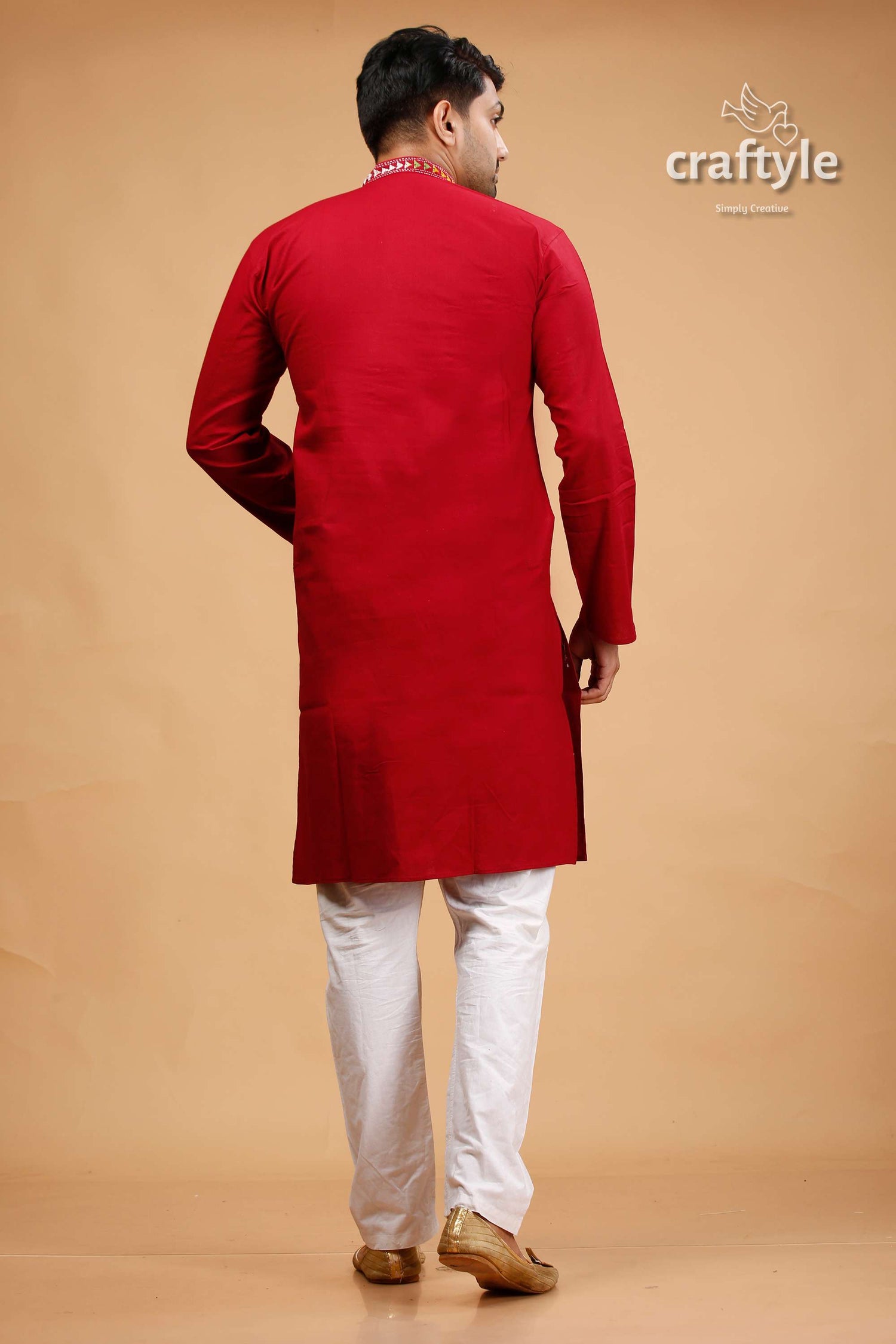 Paprika Red Multithread Hand Kantha Stitched Cotton Kurta - Craftyle