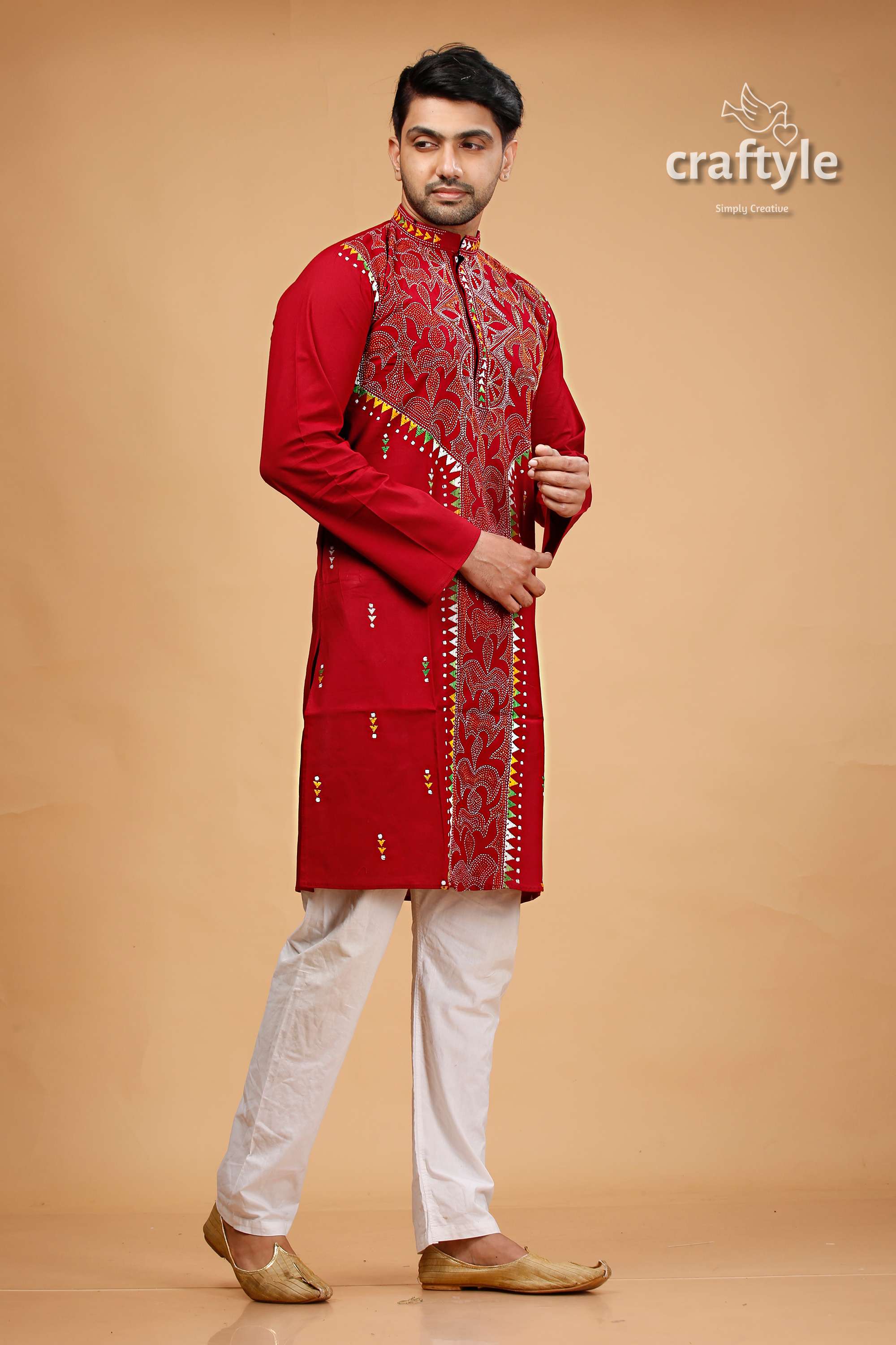 Paprika Red Multithread Hand Kantha Stitched Cotton Kurta - Craftyle