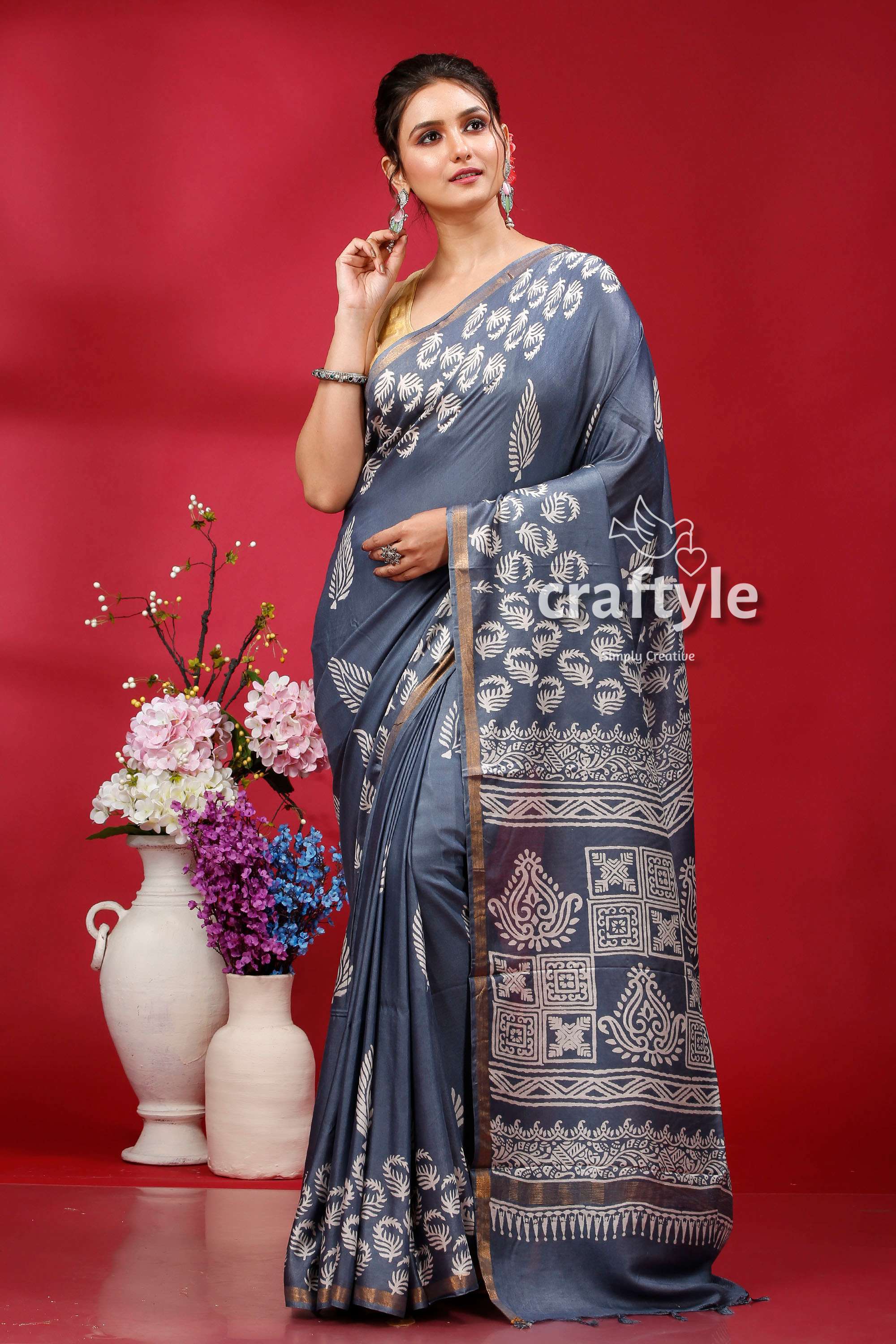 Paynes Gray Modal Silk Saree - Modern and Stylish - Craftyle