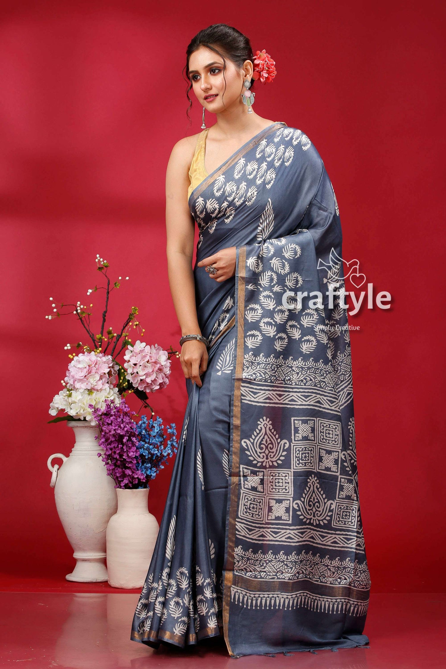 Paynes Gray Modal Silk Saree - Modern and Stylish - Craftyle