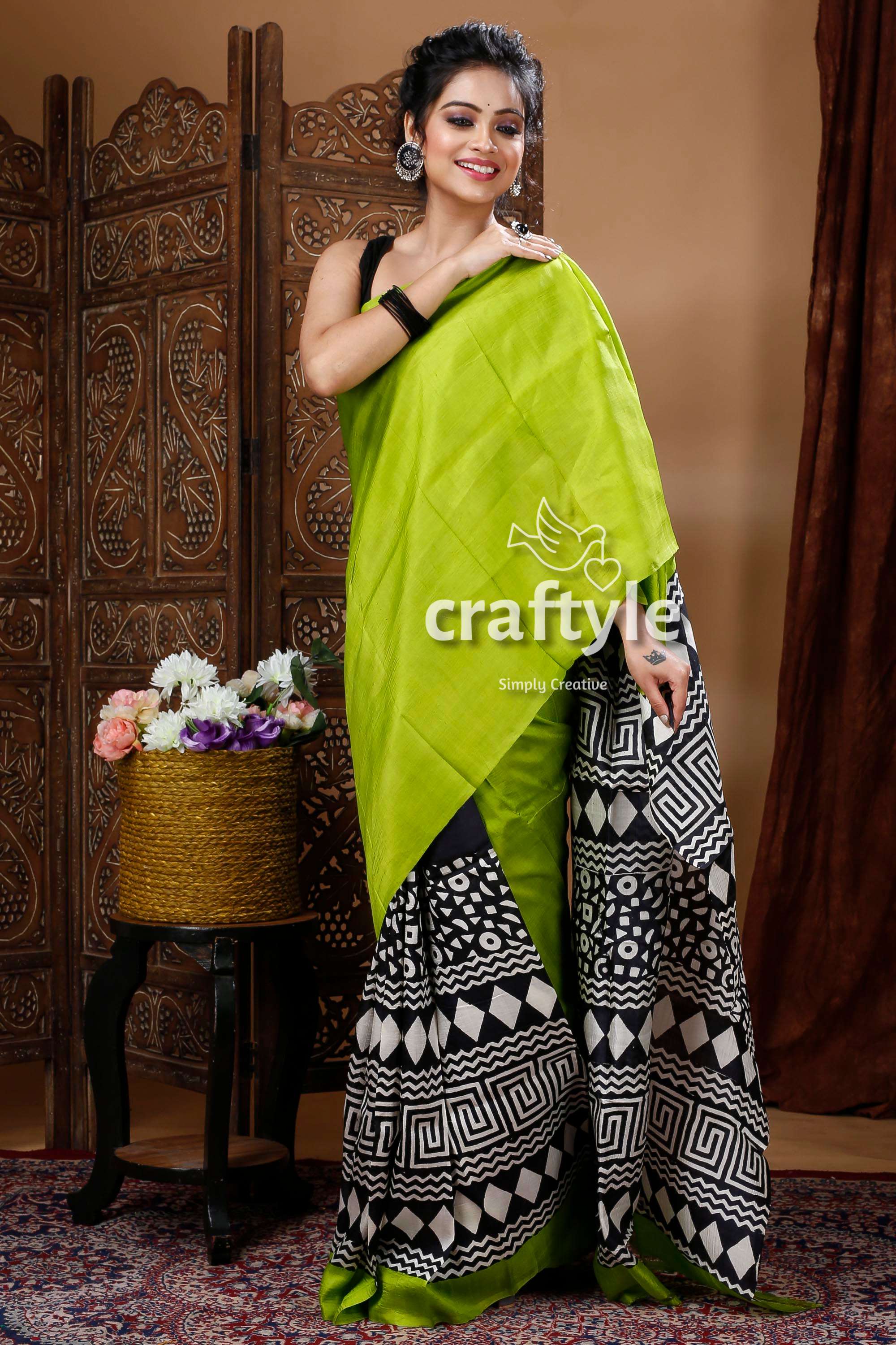 Pear Green Hand Block Design Pure Mulberry Silk Saree - Craftyle