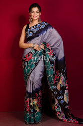 Periwinkle Blue Matsya Kanya Handpainted Batik Pure Mulberry Silk Saree - Craftyle