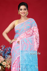 Picton Blue and Pink All-Over Work Dhakai Jamdani Saree - Craftyle