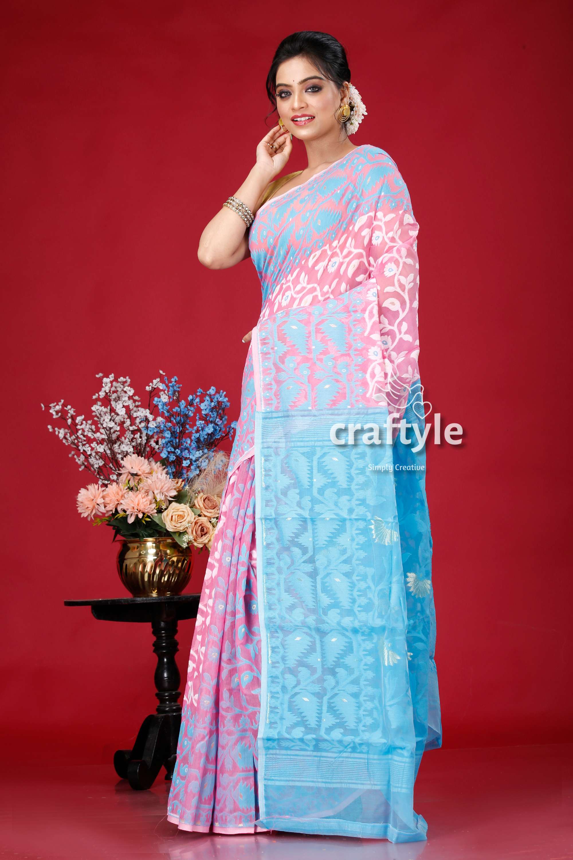 Picton Blue and Pink All-Over Work Dhakai Jamdani Saree - Craftyle