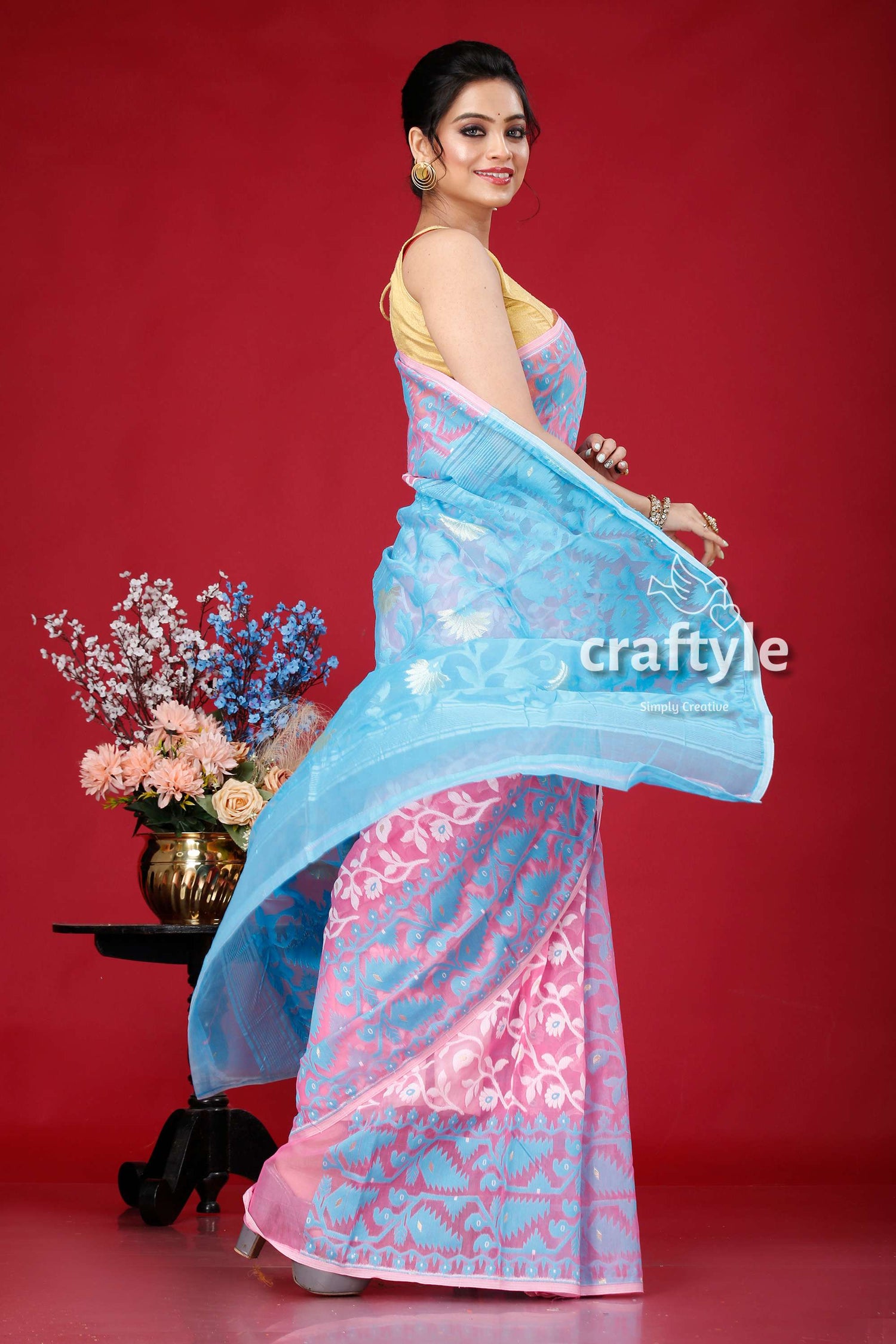 Picton Blue and Pink All-Over Work Dhakai Jamdani Saree - Craftyle