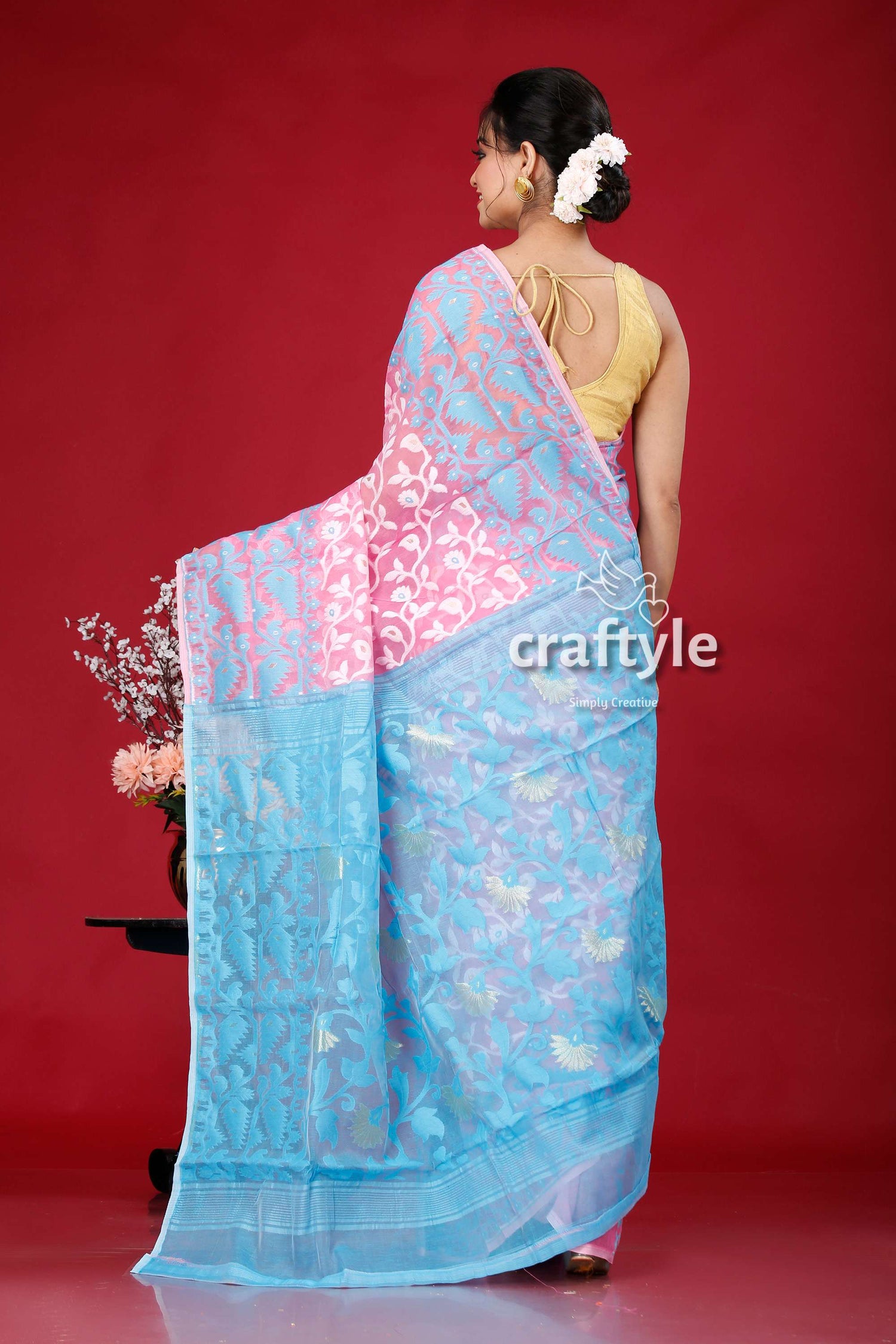 Picton Blue and Pink All-Over Work Dhakai Jamdani Saree - Craftyle