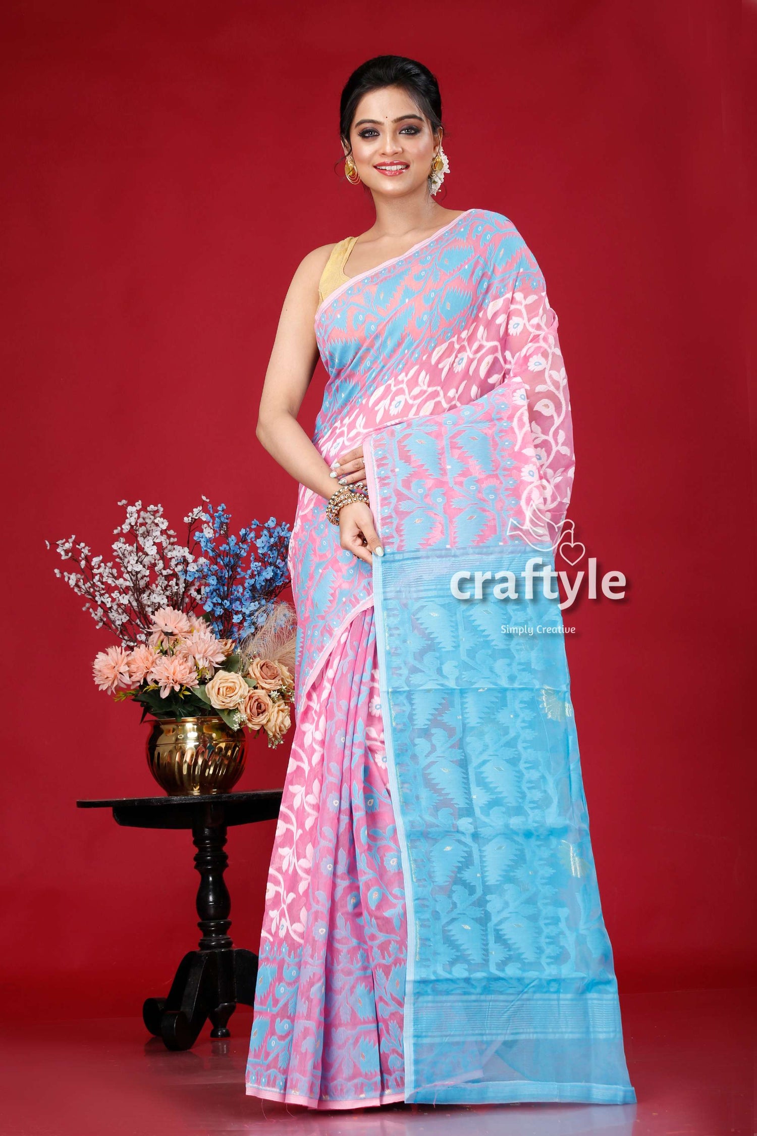 Picton Blue and Pink All-Over Work Dhakai Jamdani Saree - Craftyle