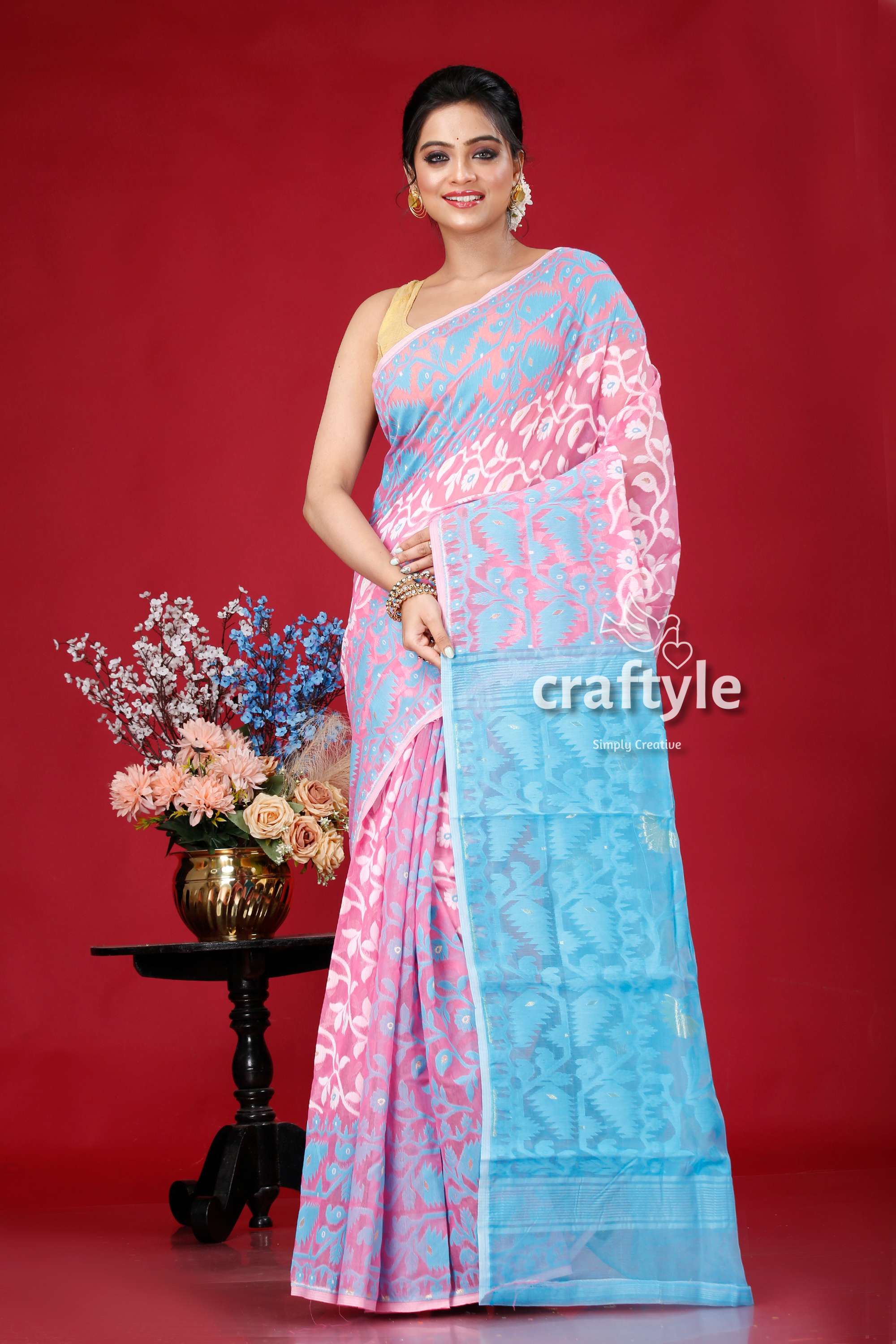 Picton Blue and Pink All-Over Work Dhakai Jamdani Saree - Craftyle