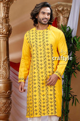 Pineaaple Yellow Kantha Stitch Designer Cotton Kurta for Men - Craftyle