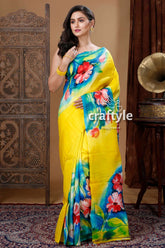 Pineapple Yellow Hand Painted Mulberry Pure Silk Saree - Craftyle