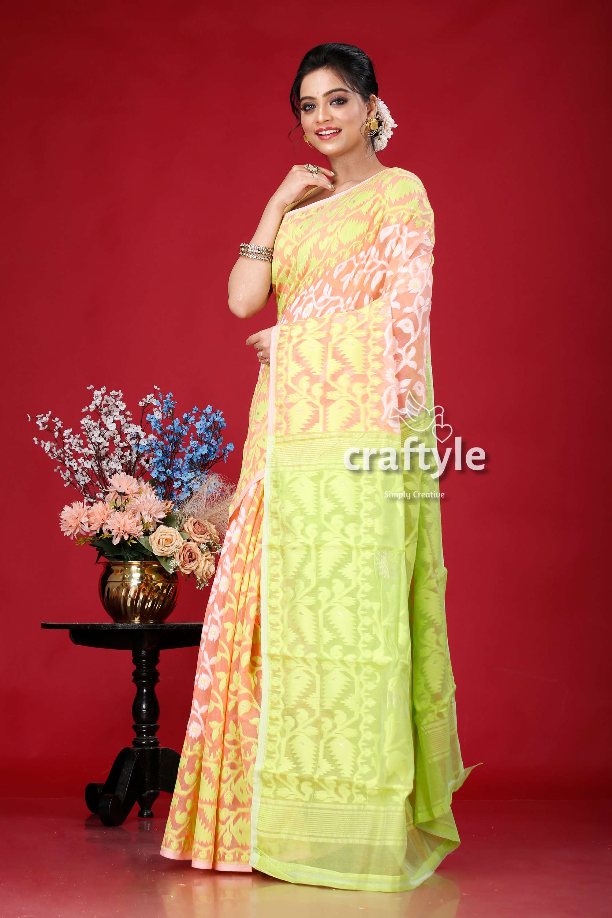 Pink Pastel Green Jamdani Saree - Elegant Indian Wedding Attire - Craftyle