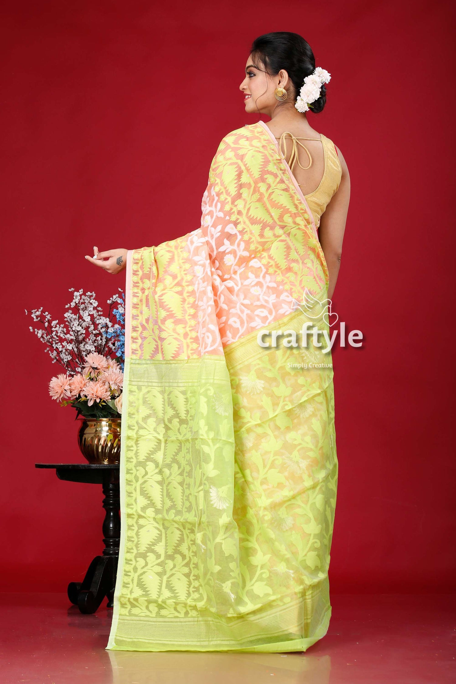 Pink Pastel Green Jamdani Saree - Elegant Indian Wedding Attire - Craftyle