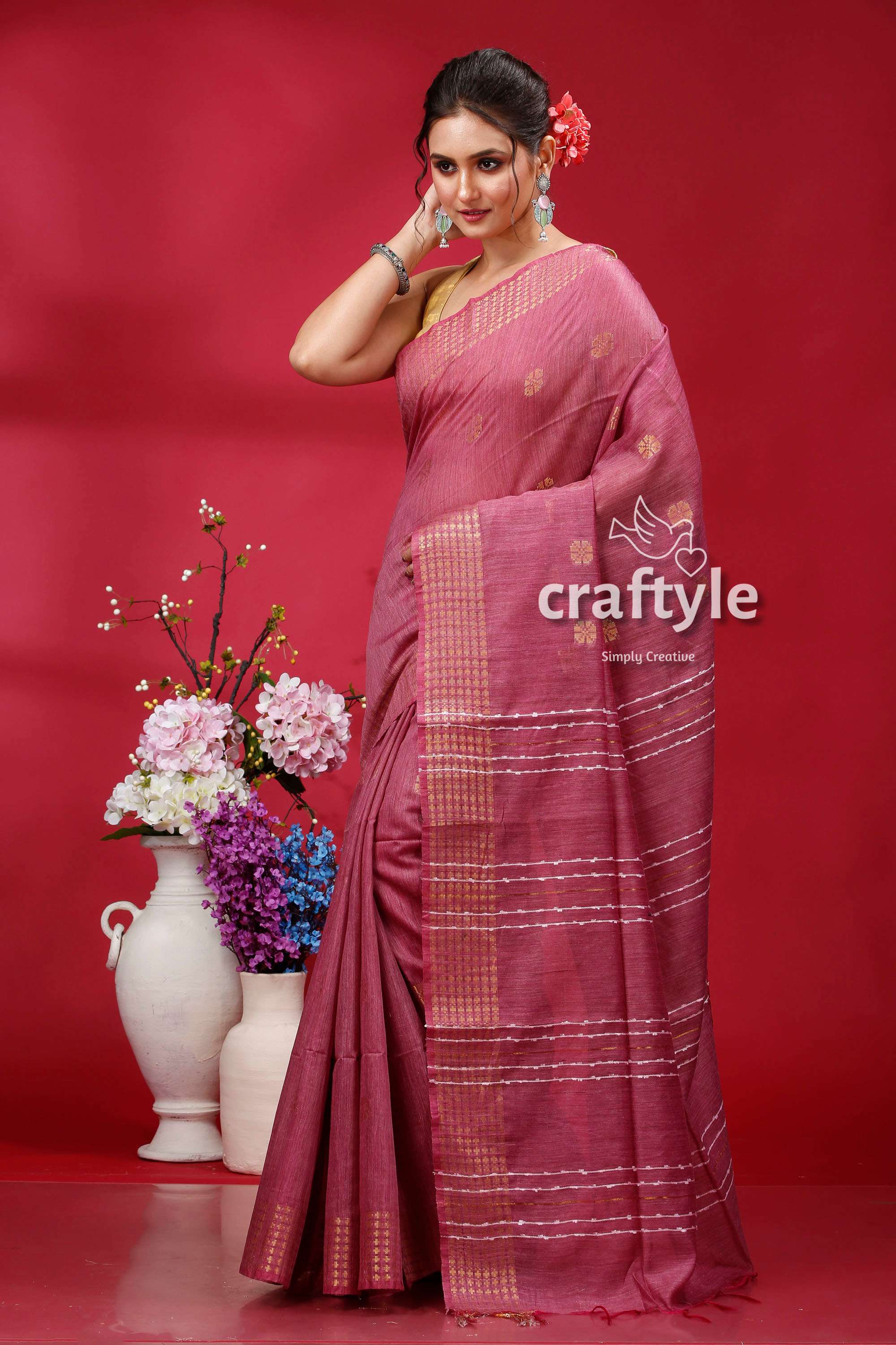 Pink Pearl Soft Ghicha Silk Saree with Golden Zari Border - Bhagalpuri Silk - Craftyle