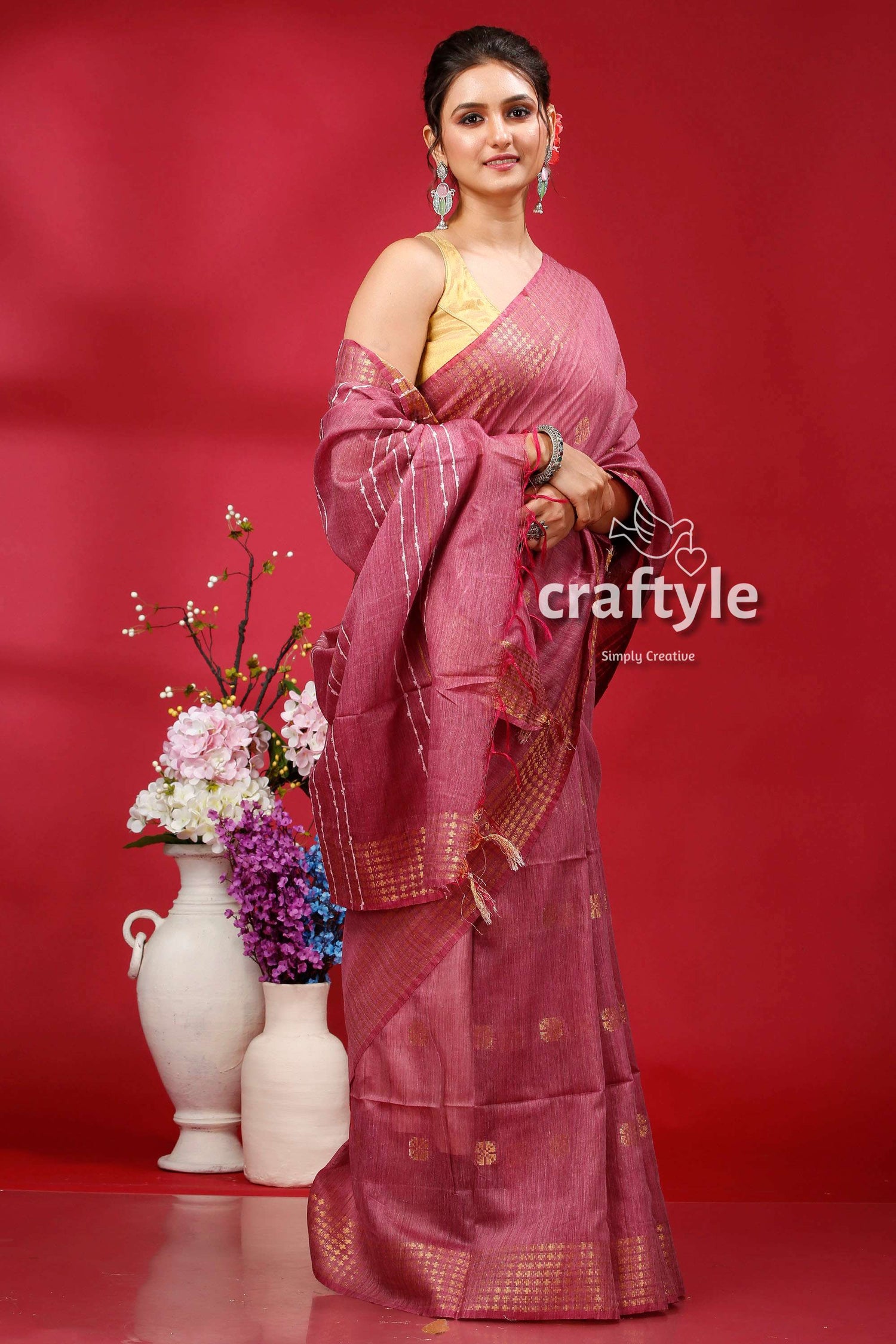 Pink Pearl Soft Ghicha Silk Saree with Golden Zari Border - Bhagalpuri Silk - Craftyle