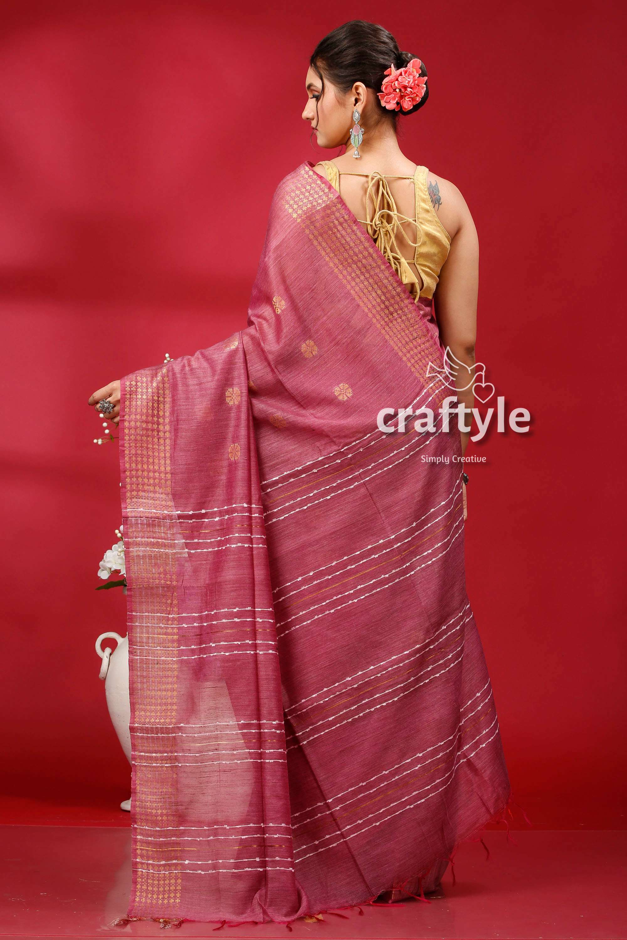 Pink Pearl Soft Ghicha Silk Saree with Golden Zari Border - Bhagalpuri Silk - Craftyle